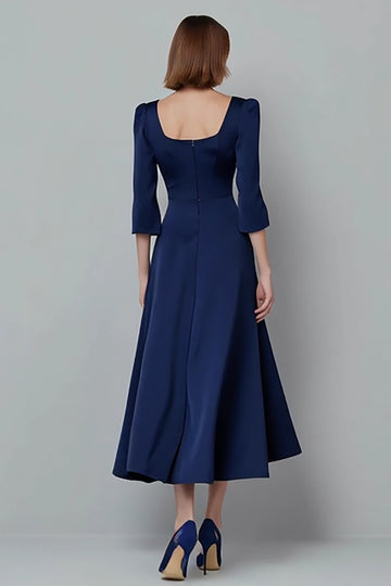Square Neck Satin Navy A Line Midi Work Dress
